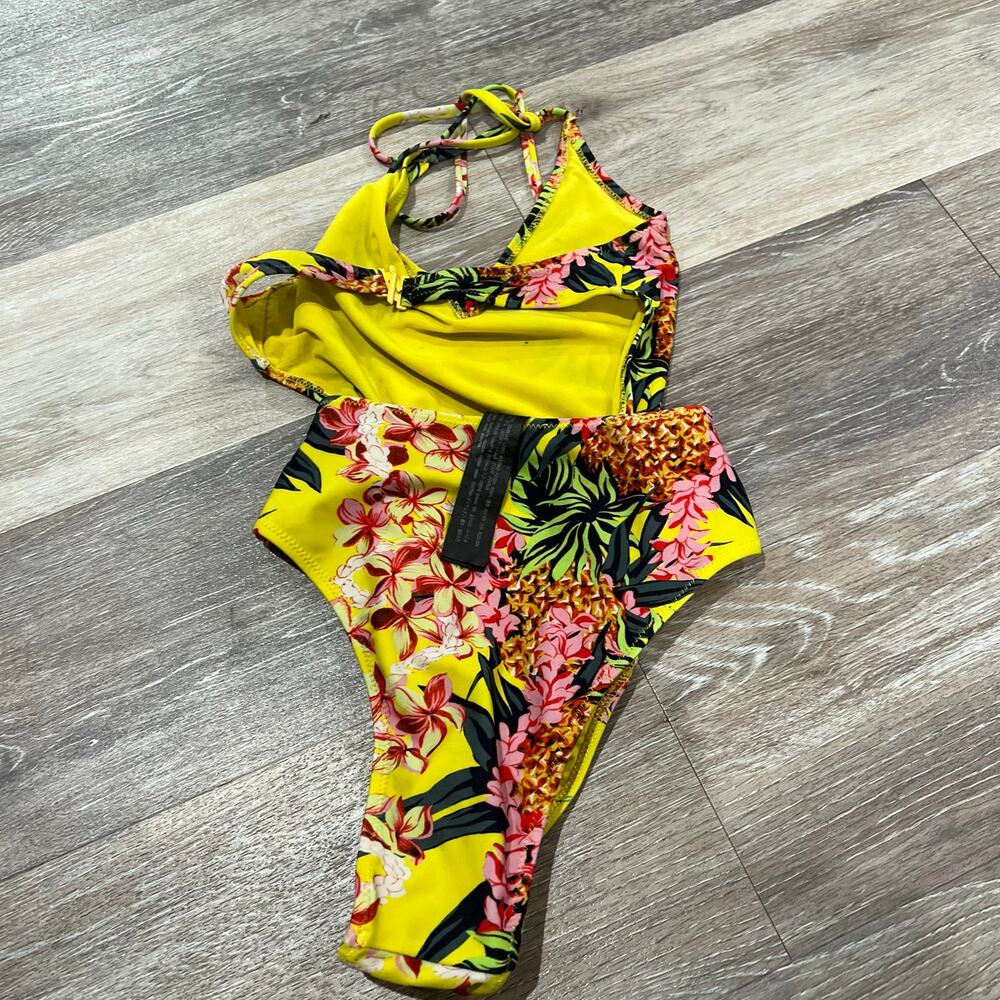 Zara Yellow Tropical Deep V One Piece Swimsuit - Size Small - Picture 5 of 5